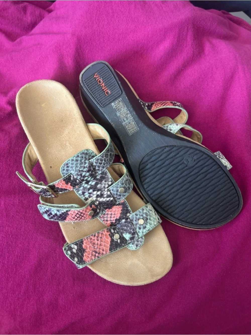 Vionic Women's Snake-Print Strappy Sandal in Pink/Black/Mint